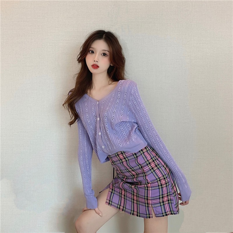 ( SẴN CHÂN VÁY) Chân váy dáng chữ A kẻ sọc caro tím+ Áo len Cardigan dệt kim mỏng nhẹ style cá tính | BigBuy360 - bigbuy360.vn
