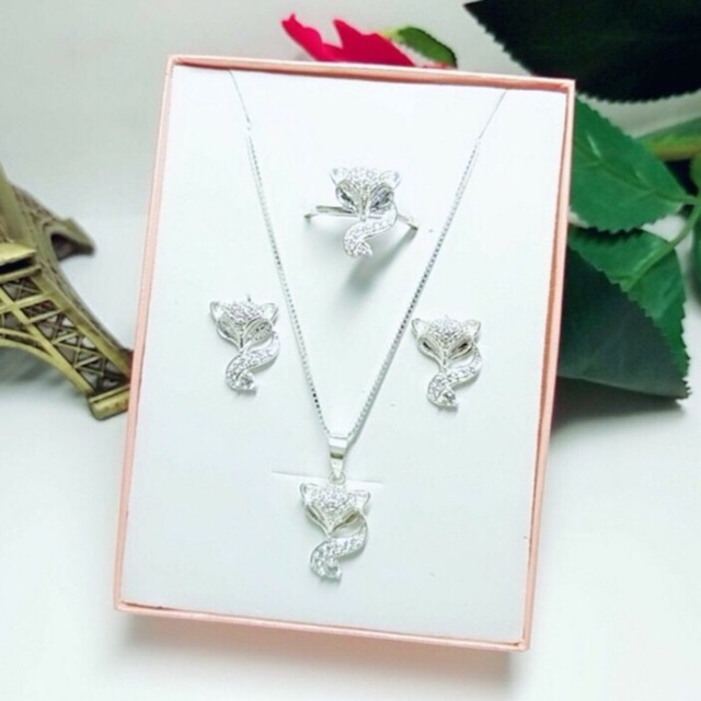 Bộ trang sức hồ ly bạc ta ( Nhẫn + dây chuyền + bông tai ) LINH MIU SILVER