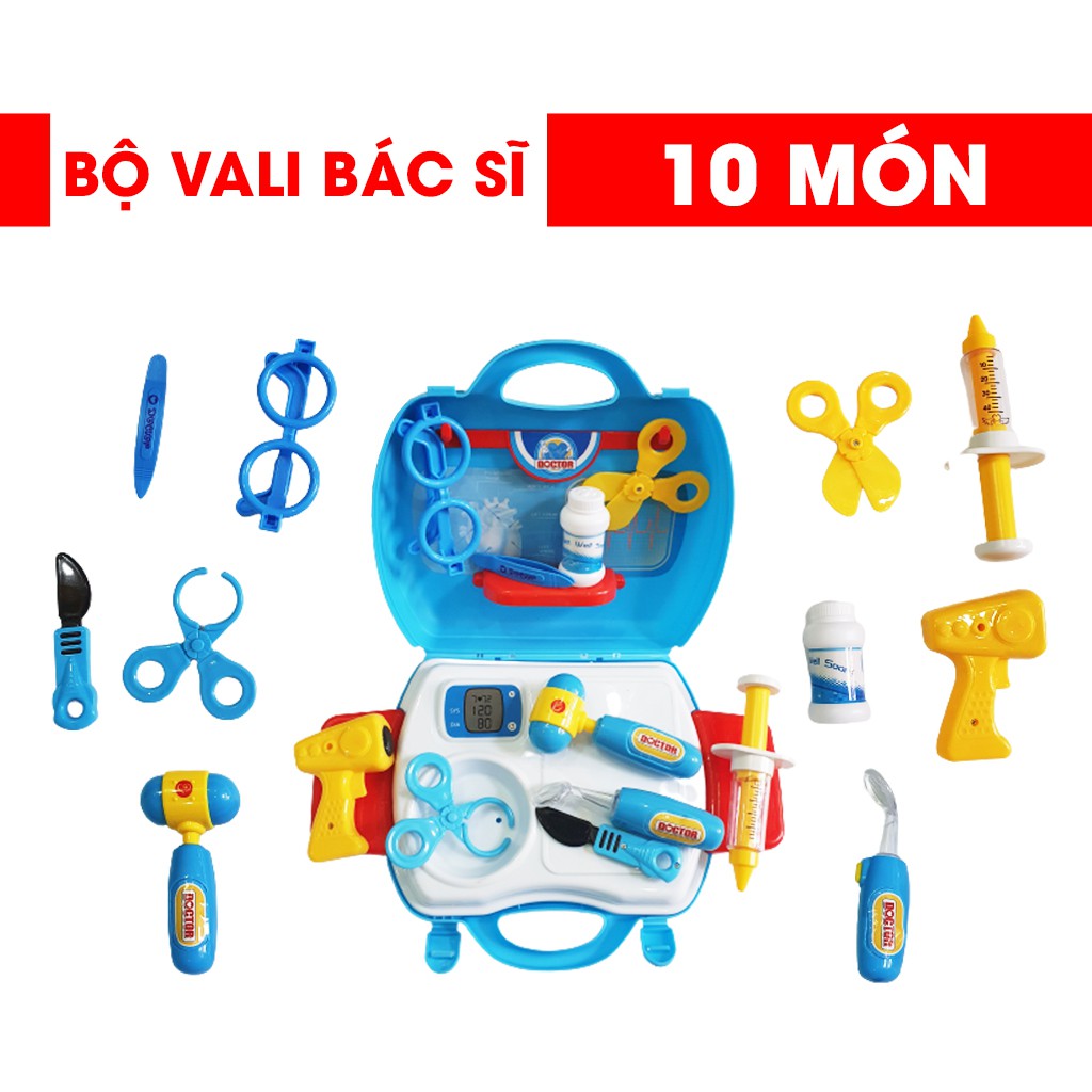 Đồ Chơi Vali (Valy) Bác Sĩ 10 Món Màu Xanh Có Thể Gập Lại Thành Bàn Gọn Gàng Dành Cho Bé Tập Chơi Trò Làm Bác Sĩ