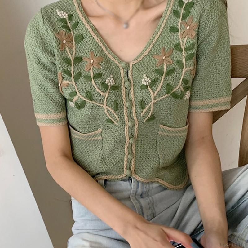 Áo Khoác Cardigan Dệt Kim Tay Ngắn Cổ Chữ V Thêu Hoa Xinh Xắn Cho Nữ | BigBuy360 - bigbuy360.vn