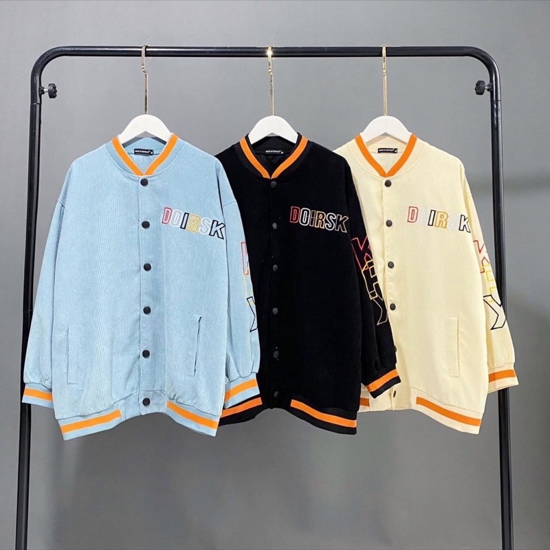 Áo BomBer Nút Bấm Nhung Gân Tay Thêu Chữ Hoạ Tiết Kèm Ảnh Thật