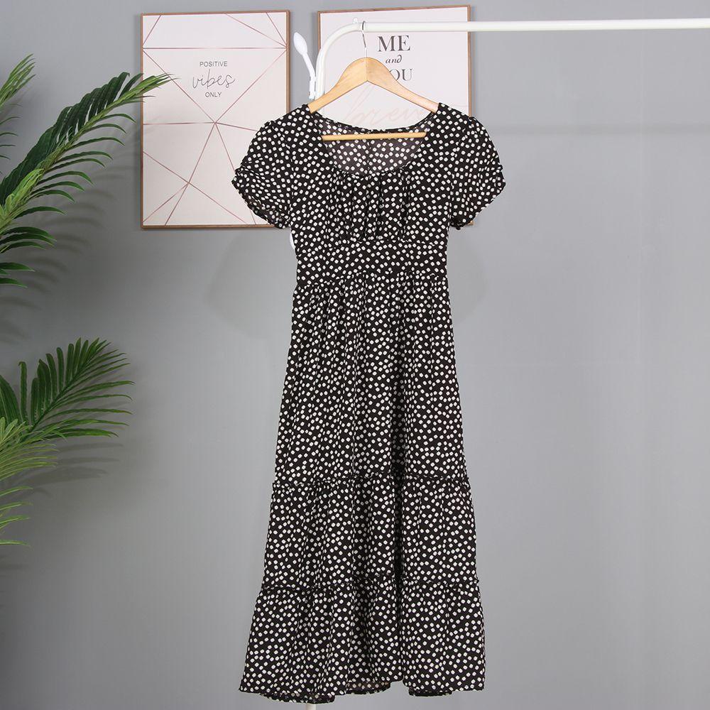 Đầm Midi Tay Ngắn Họa Tiết Chấm Bi Phong Cách Boho Thời Trang Cho Nữ