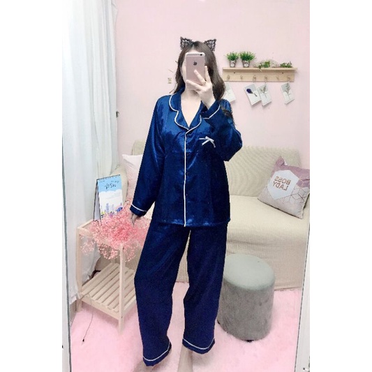 [ BIGSIZE ] Pijama phi lụa bigsize viền nơ tay dài 60-75kg