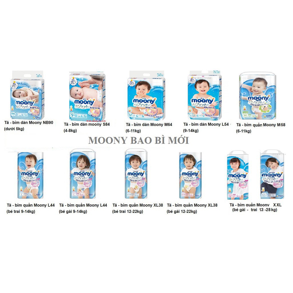 Bỉm Tã dán/quần Moony Nội Địa Nhật đủ size NB90/ S84/ M64/ L54/ L44/ XL38