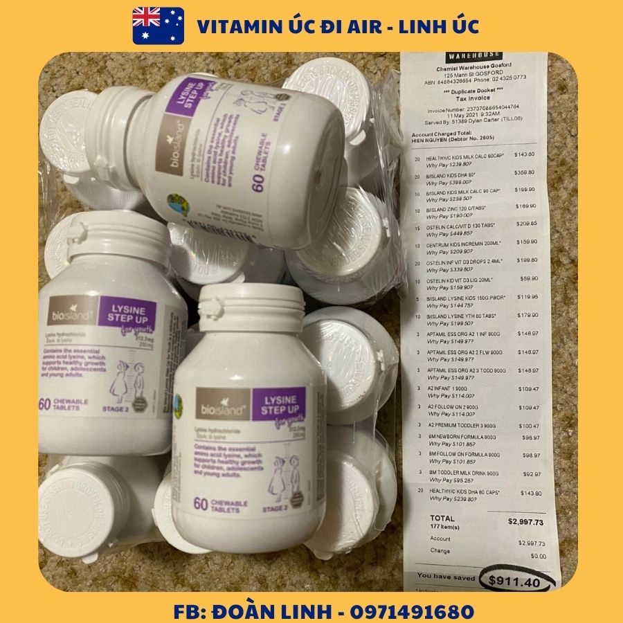 Viên uống tăng chiều cao LYSIN BIOISLAND giúp bé phát triển chiều cao, Hàng chuẩn úc, Hộp 60v