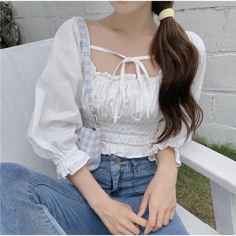 [Ảnh thật/Video]Áo croptop nàng thơ phong cách Hàn Quốc mặc được nhiều kiểu Áo croptop sang chảnh