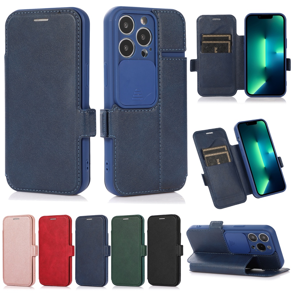 Bao da điện thoại dạng gập có nắp trượt bảo vệ camera và ngăn đựng thẻ cho iPhone 12 Pro Max 13 11 12 Mini XR XS Max X