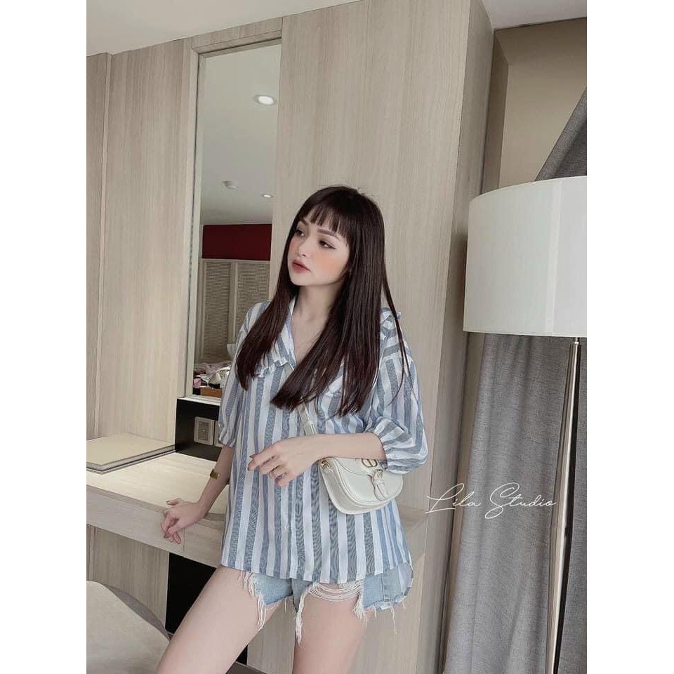 Áo Sơ Mi Nữ Sọc Xanh Cổ Bèo Chất Thô Đũi Cực Xinh | BigBuy360 - bigbuy360.vn