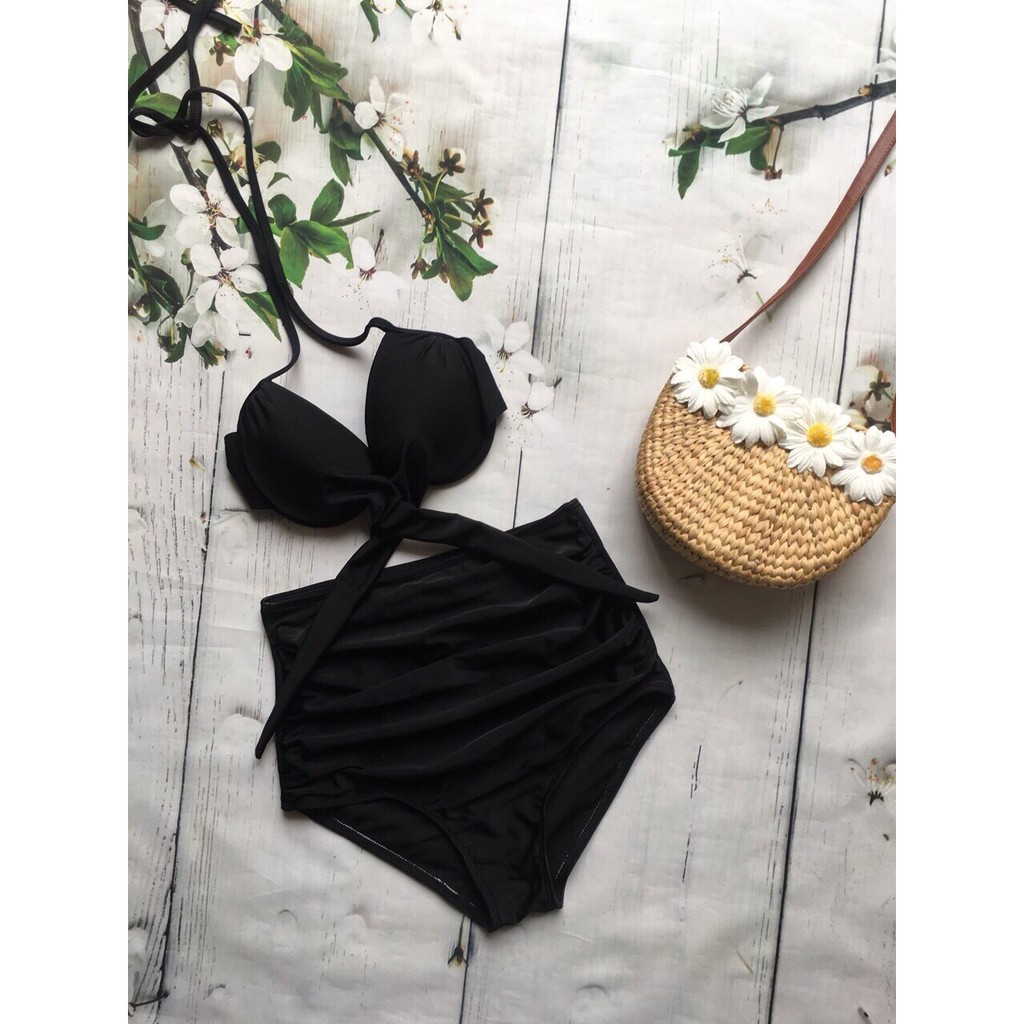 Bikini hai mảnh đẹp buộc chéo đen cạp cao bộ đồ bơi siêu hot