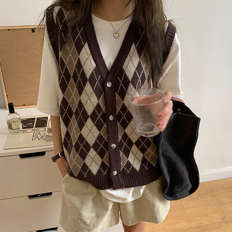 Áo Sweater Dệt Kim Cổ Chữ V Dáng Rộng Phong Cách Preppy Thời Trang Mùa Thu Hàng Mới Năm 2021