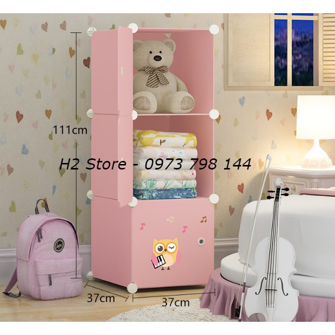 TỦ NHỰA LẮP GHÉP 3 Ô HỒNG NHẠT CỬA CÚ MÈO DỄ THƯƠNG ĐỂ QUẦN ÁO ĐA NĂNG THÔNG MINH sâu 37cm