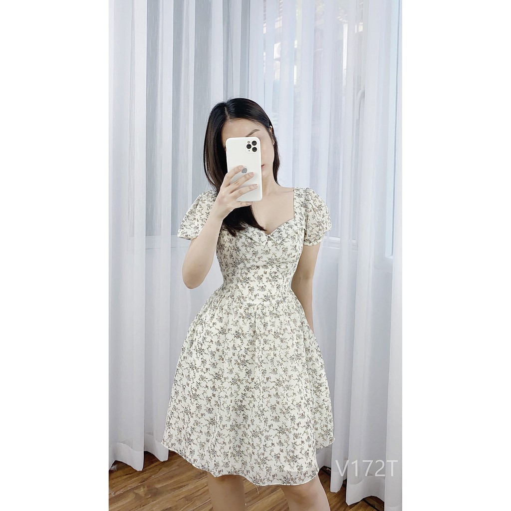 Váy lụa chiffon hoa nhí HQ thiết kế 2 lớp