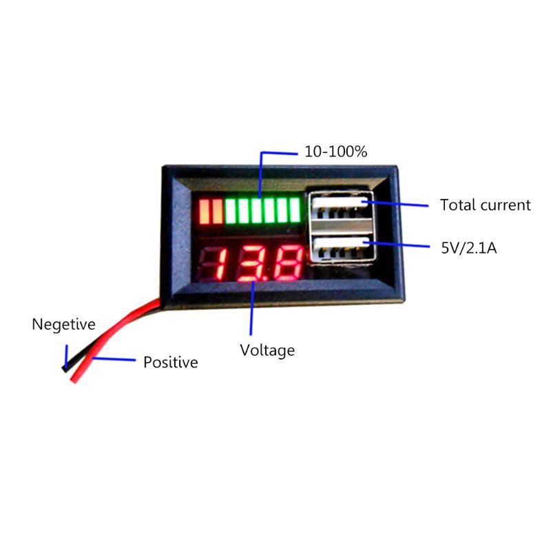 Đồng hồ báo Điện áp, báo Dung lượng acquy, pin sắt, pin lion kèm Cổng 12V USB kép sạc điện thoại (lắp vỏ acquy)