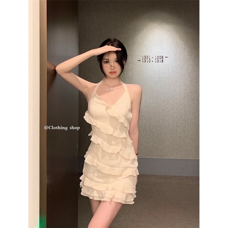 Đầm Voan Xếp Tầng Cổ Chữ V Thời Trang Xinh Xắn Dành Cho Nữ