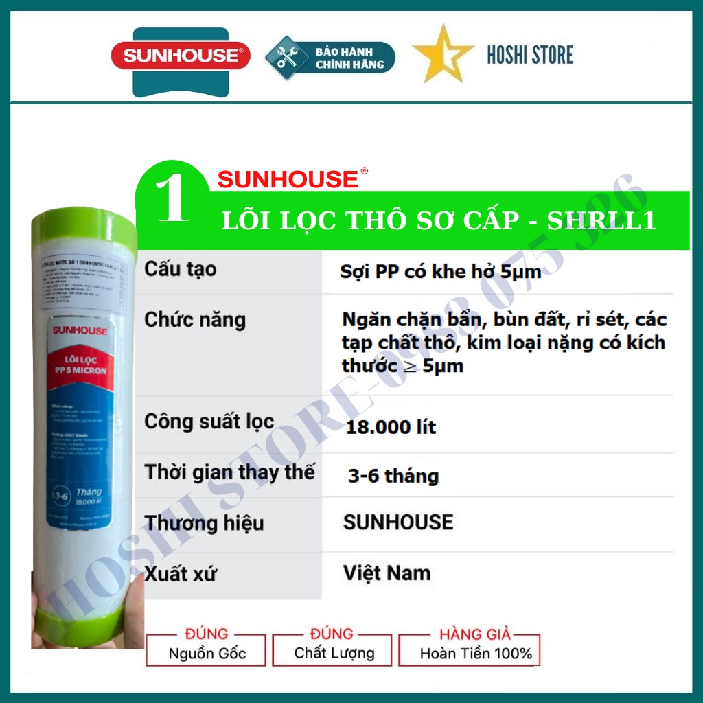 Bộ 3 lõi Lọc nước số 1,2,3 Sunhouse, lọc kim loại nặng, tạp chất, vi khuẩn