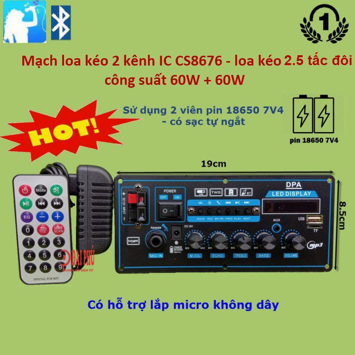 Mạch loa kéo 2 kênh dùng 2 pin 18650 7.4V dùng cho loa kéo đôi Karaoke Bluetooth - v2