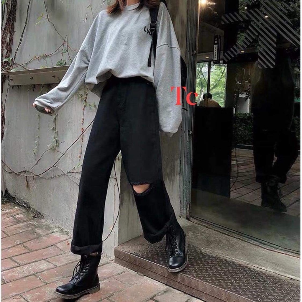 Quần jeans bò ống rộng rách hông và đùi hack dáng , lưng cao siêu đẹp - Ngọc Uyên Store