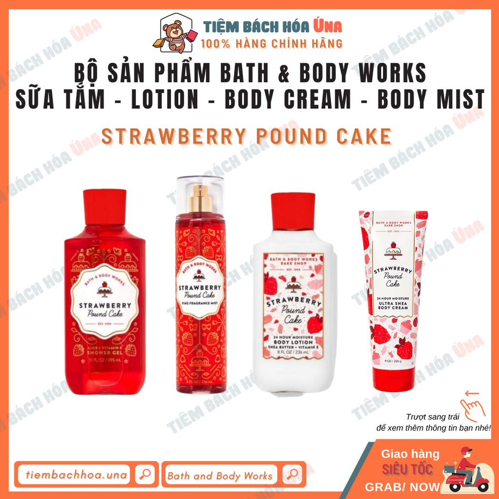 Bộ sản phẩm sữa tắm, lotion dưỡng ẩm, xịt toàn thân Body mist, body cream Bath and Body Works Strawberry Pound Cake