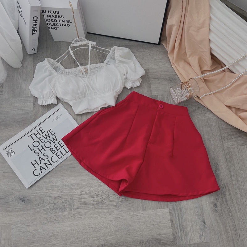 SET CROP TRẮNG NHÍU NGỰC TAY BỒNG + SHORT HỒNG 💞 | BigBuy360 - bigbuy360.vn