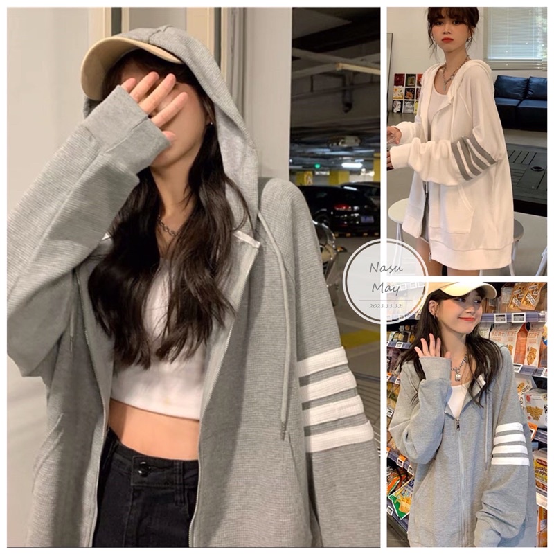 Áo Khoác Hoodie Khoá Kéo Mũ Sọc Tay Xám Trắng Bo Tăm Form Rộng