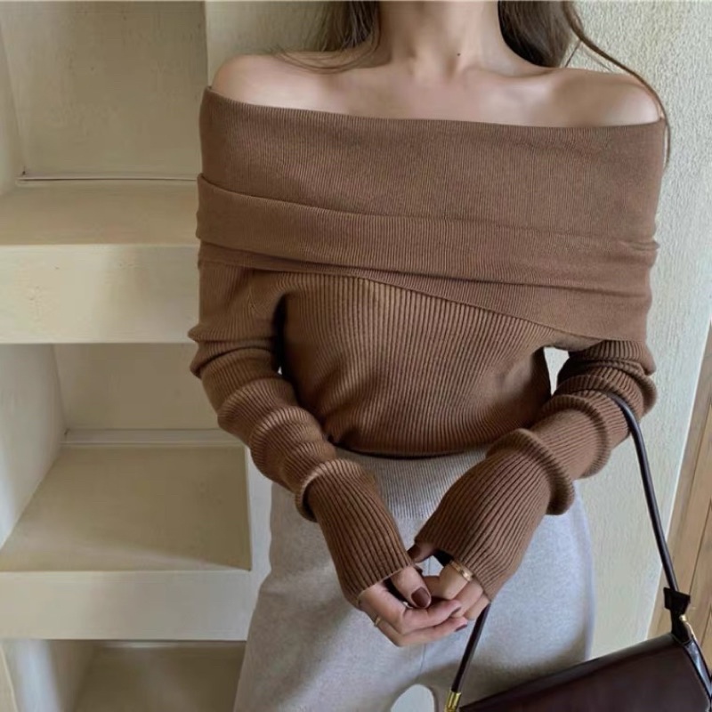 Áo len trễ vai mặc 2 kiểu hàng quảng châu taobao chất liệu len tăm do dãn 4 chiều
