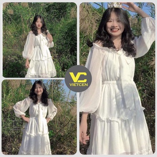 Đầm Trễ Vai Bánh Bèo 3 Tầng Nơ Cổ Nữ Siêu Dễ Thương Chất Vải Mềm Mịn_VIETCEN