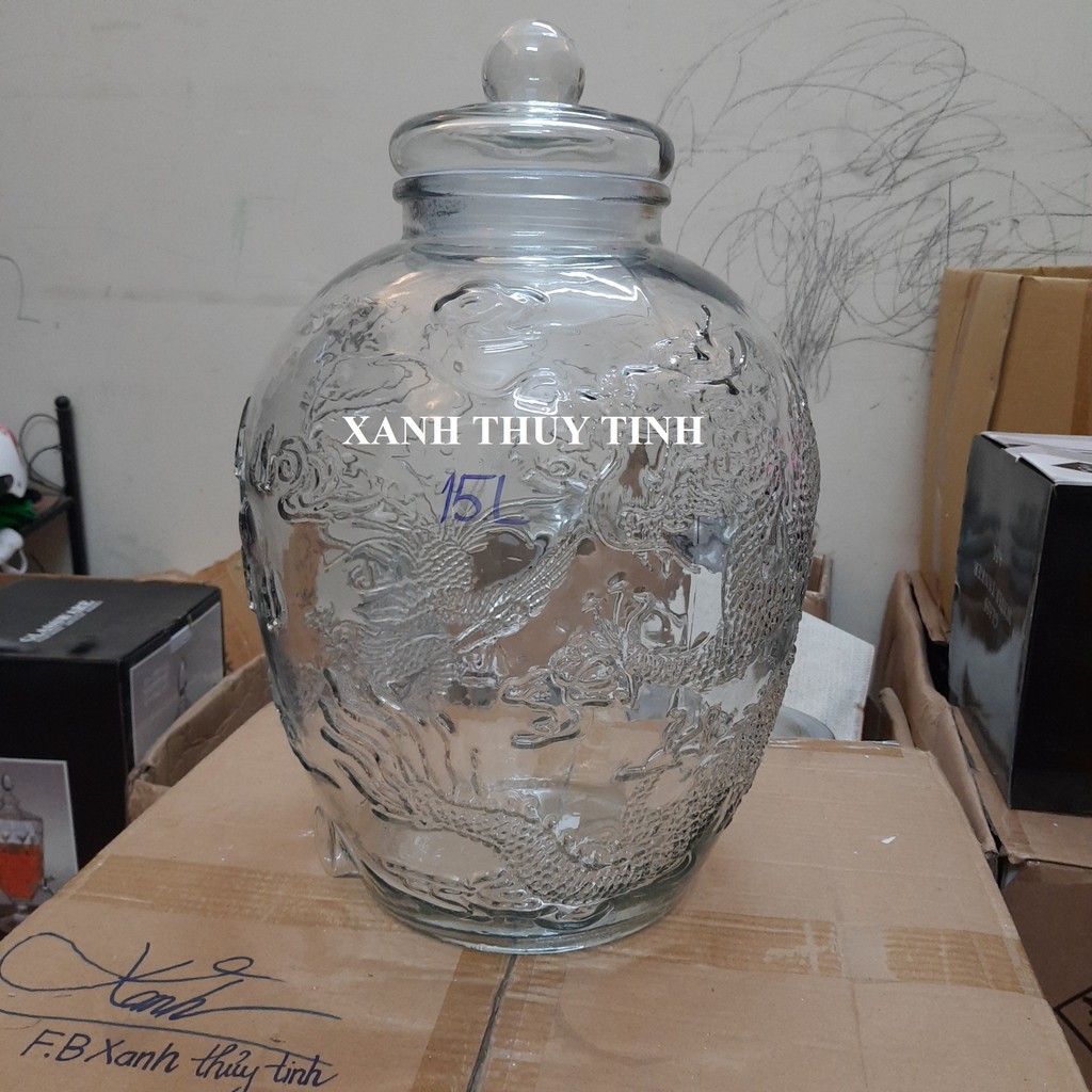 Chum thủy tinh họa tiết rồng phượng, dày dặn - Dung tích - 15 lít