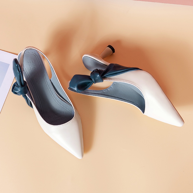 Giày Cao Gót Da Mũi Nhọn Thắt Nơ Cho Nữ Màu Đen