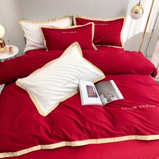 bộ vỏ chăn ga gối lụa nơ thêu trái tim đỏ 4 món