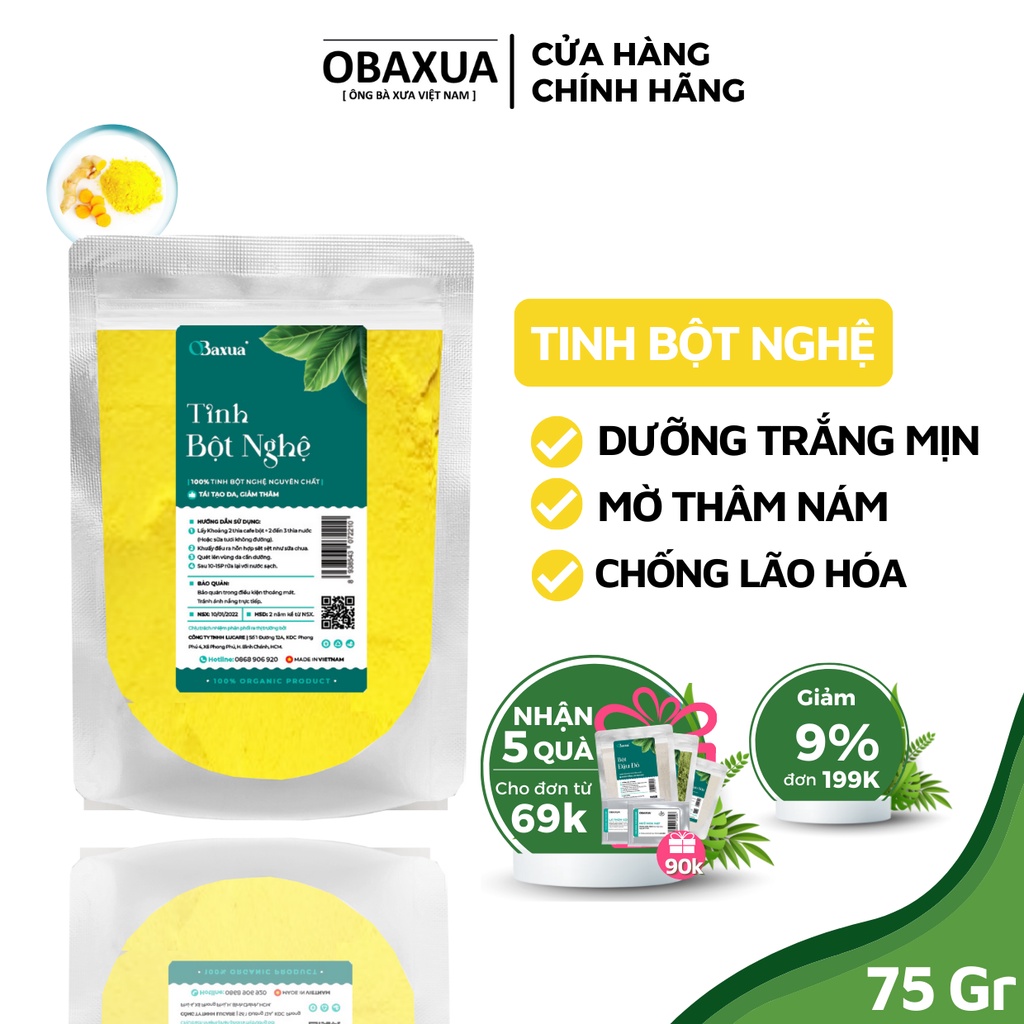 Tinh bột nghệ nguyên chất OBAXUA - trắng da, giảm mụn, mờ thâm nám, hỗ trợ tiêu hoá