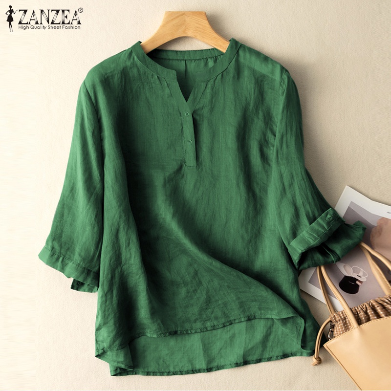 Zanzea Áo Sơ Mi Cotton Cổ Chữ V Màu Trơn Dáng Rộng Thời Trang Cho Nữ