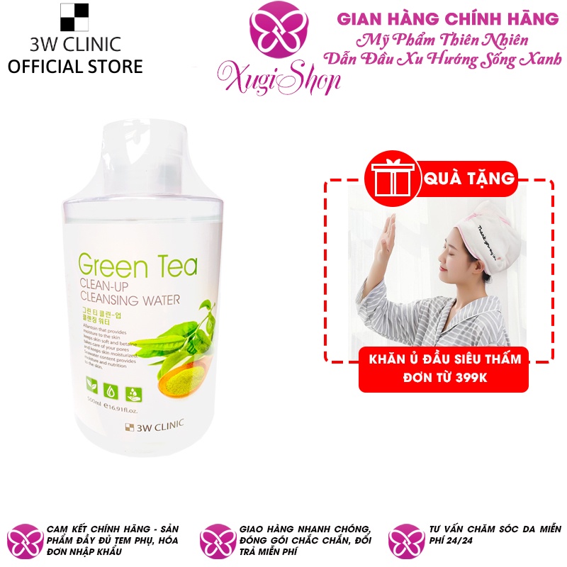 Nước tẩy trang tinh chất trà xanh 3W Clinic Green Tea Clean-Up Cleansing Water 500ml