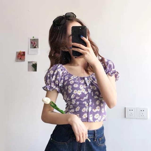 Áo Croptop Caro Cổ Vuông Tay Bồng