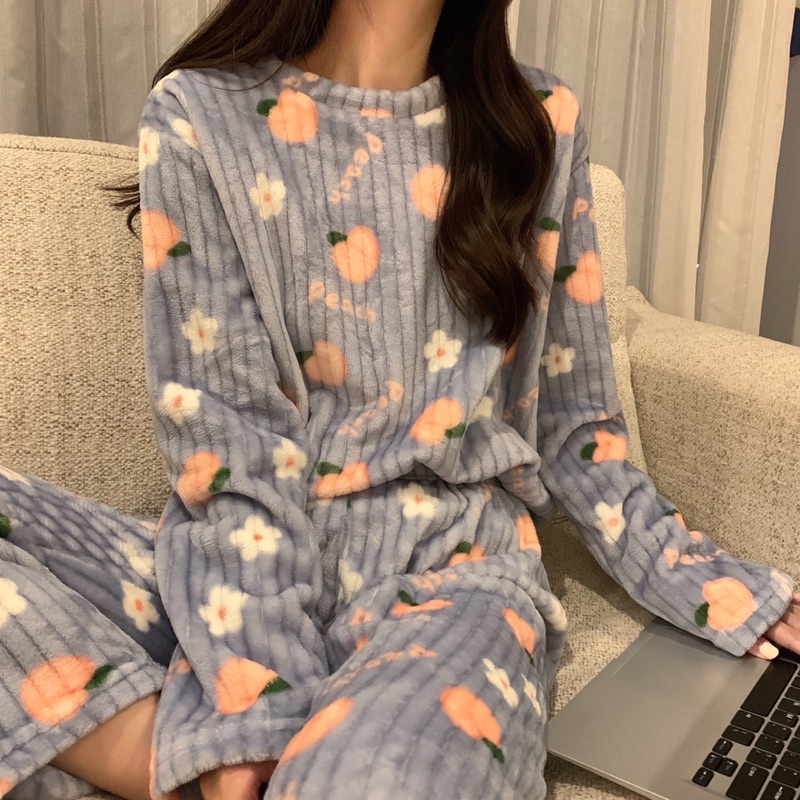 Bộ ngủ lông đáng yêu hình quả đào, đồ ngủ mùa đông giữ nhiệt ấm áp