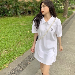 Váy polo dáng suông hình thêu trước ngực 2 màu đen trắng kiểu dáng hàn quốc, váy suông dáng dài basic