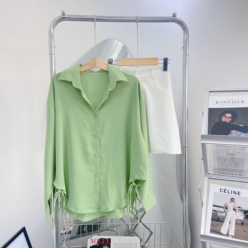 Set áo sơmi lụa xanh kèm quần sort MT