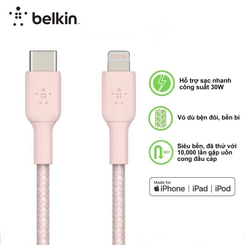 Cáp Belkin Type C to L Bọc Dù Belkin BOOSTCHARGE F8J280 30W(No Box)
