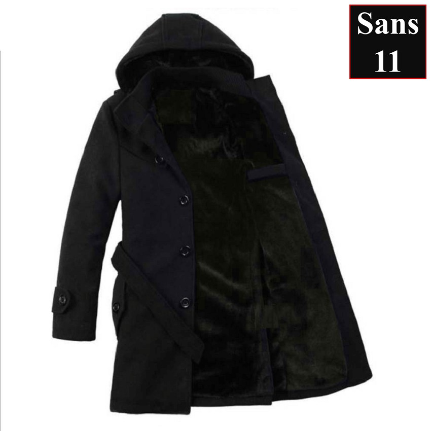 Áo khoác dạ nam măng tô lót lông dày Sans11 có mũ kèm đai mùa đông lạnh mangto dạ hàn quốc