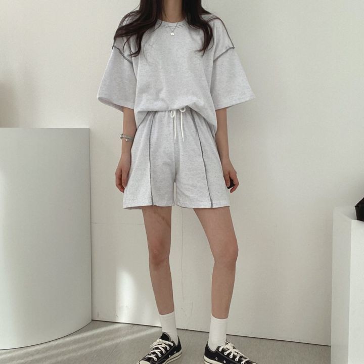 Bộ quần áo thể thao 100% cotton màu trơn dáng rộng phong cách hè 2021 cho nữ (có bán lẻ)