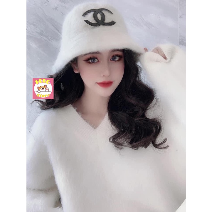 Mũ bucket lông thỏ Chanel mềm mịn phong cách hàn quốc
