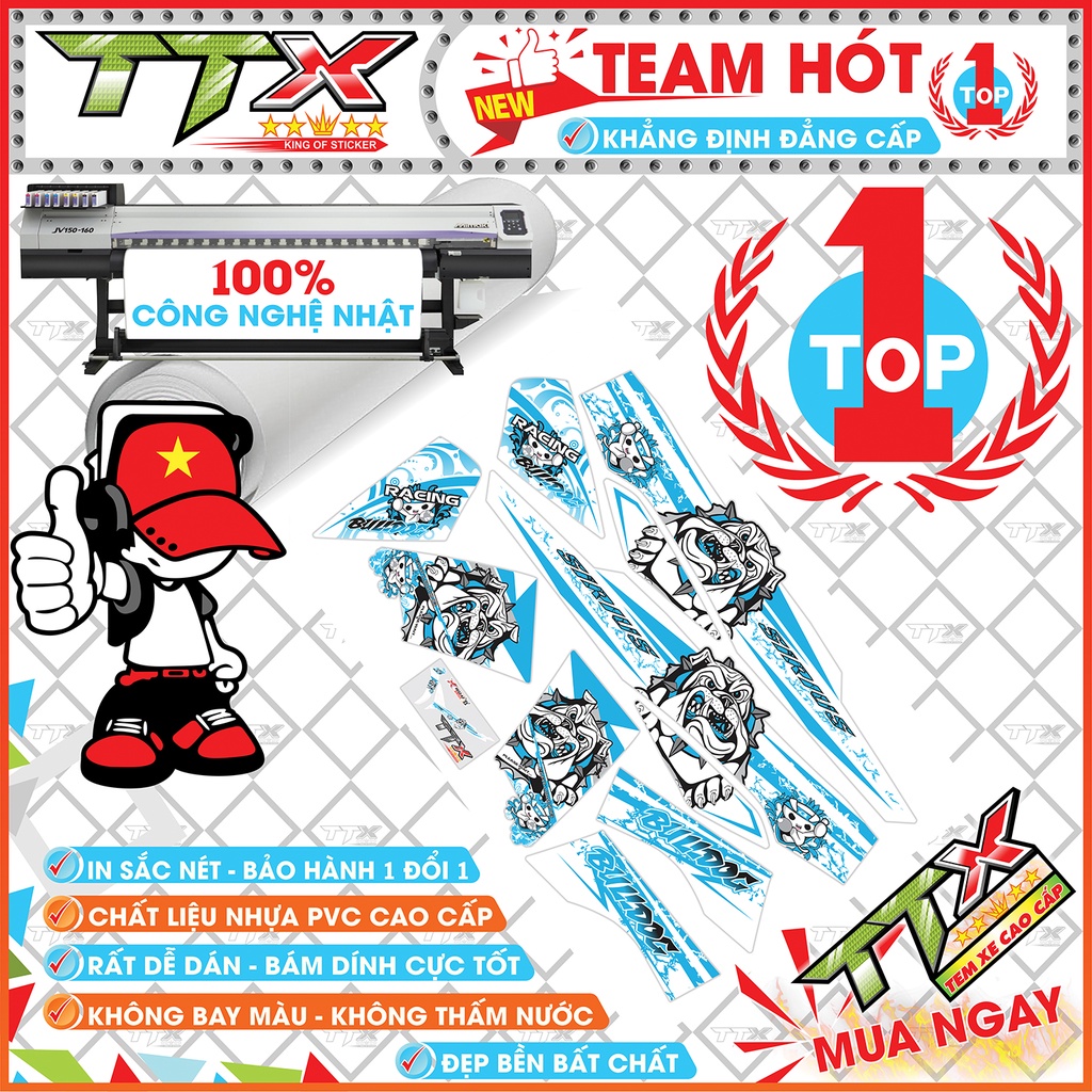 Tem rời sirius bulldog , Team chế sirius dán xe màu xanh nền trắng siêu đẹp , Shop TTX Tem xe sirius mã