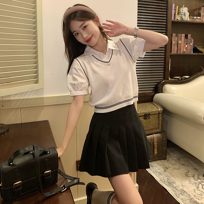 Áo kiểu ZHELIHANGFEI giả hai lớp tay ngắn cổ polo kết hợp màu sắc tương phản thời trang độc đáo