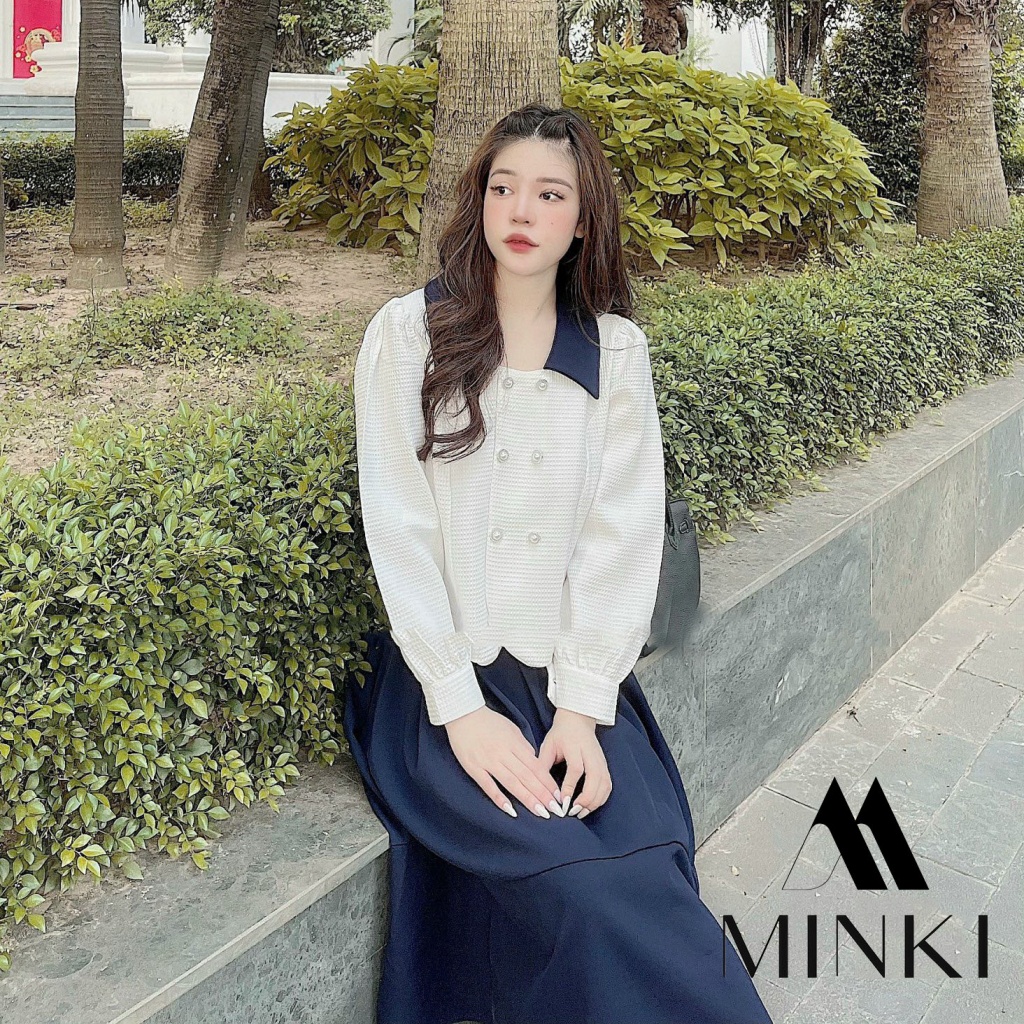 🌸 SET SƠ MI CÚC CHÂN VÁY XANH THAN CỔ ĐIỂN - CHẤT LIỆU CAO CẤP - PHỐI MÀU TRẮNG VÀ XANH ĐEN | BigBuy360 - bigbuy360.vn