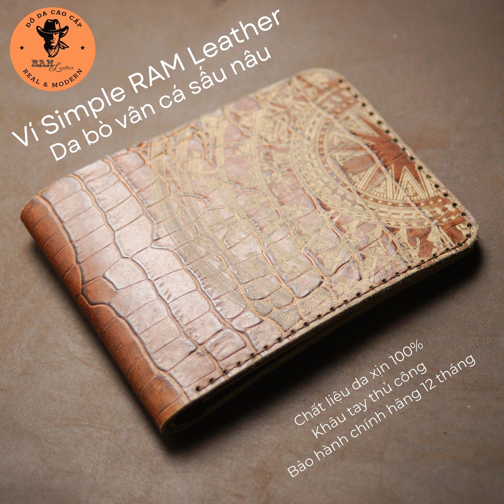 Ví nam da bò trống đồng da bò vân cá sấu màu nâu dáng ngang - RAM Leather