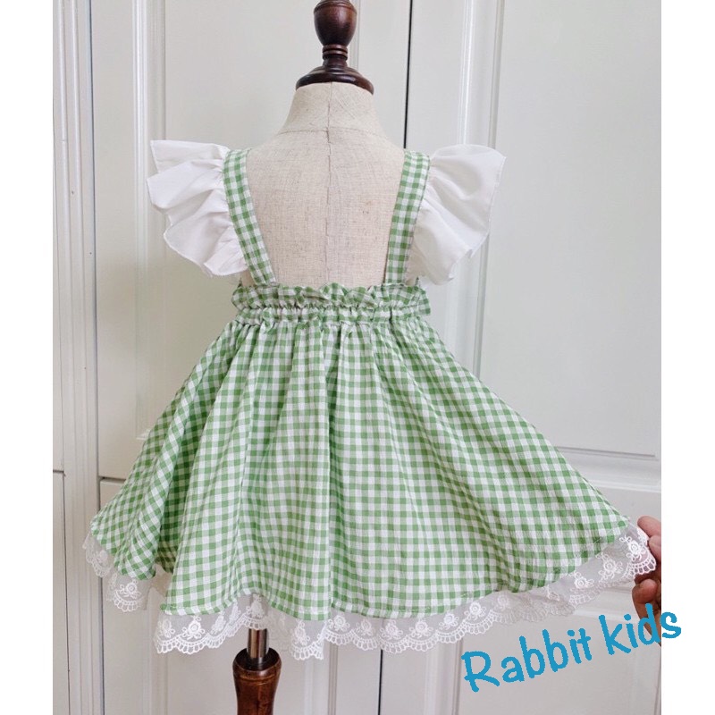 Váy Đầm Mùa Hè Cho Bé Gái FREESHIP Rabbit Kids - Váy Thiết Kế Trẻ Em Hoạ Tiết Caro Xanh Ngọc Bèo Trắng Dễ Thương