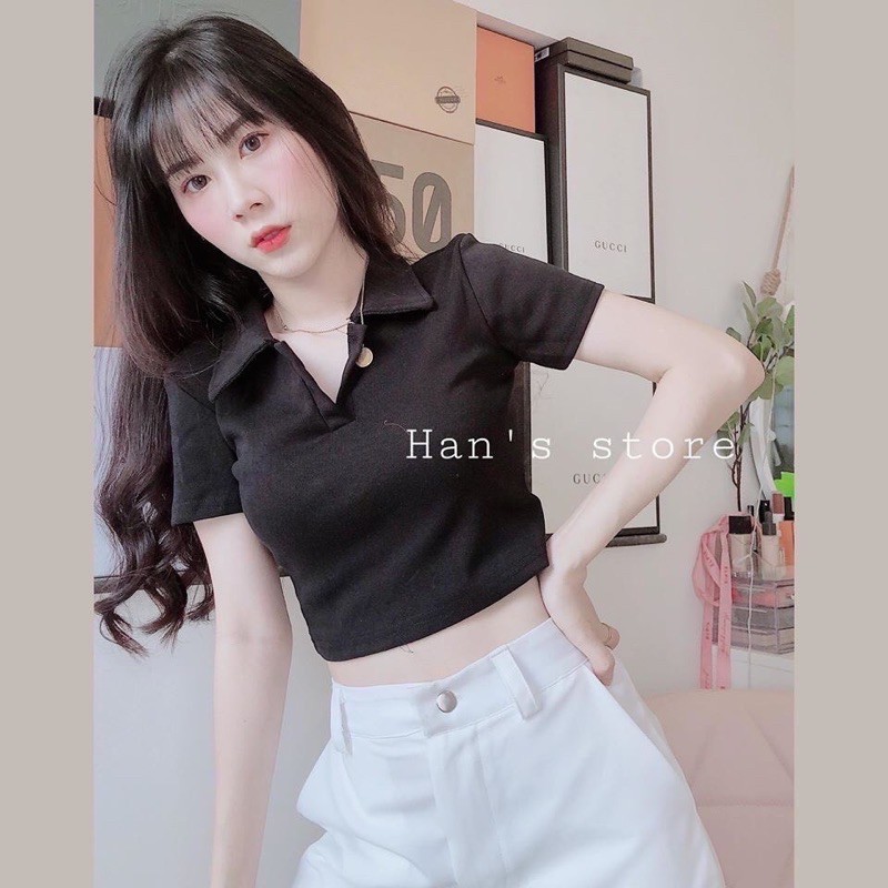 [Áo Nữ] Áo croptop polo cổ bẻ trơn 4 màu hot trend | BigBuy360 - bigbuy360.vn