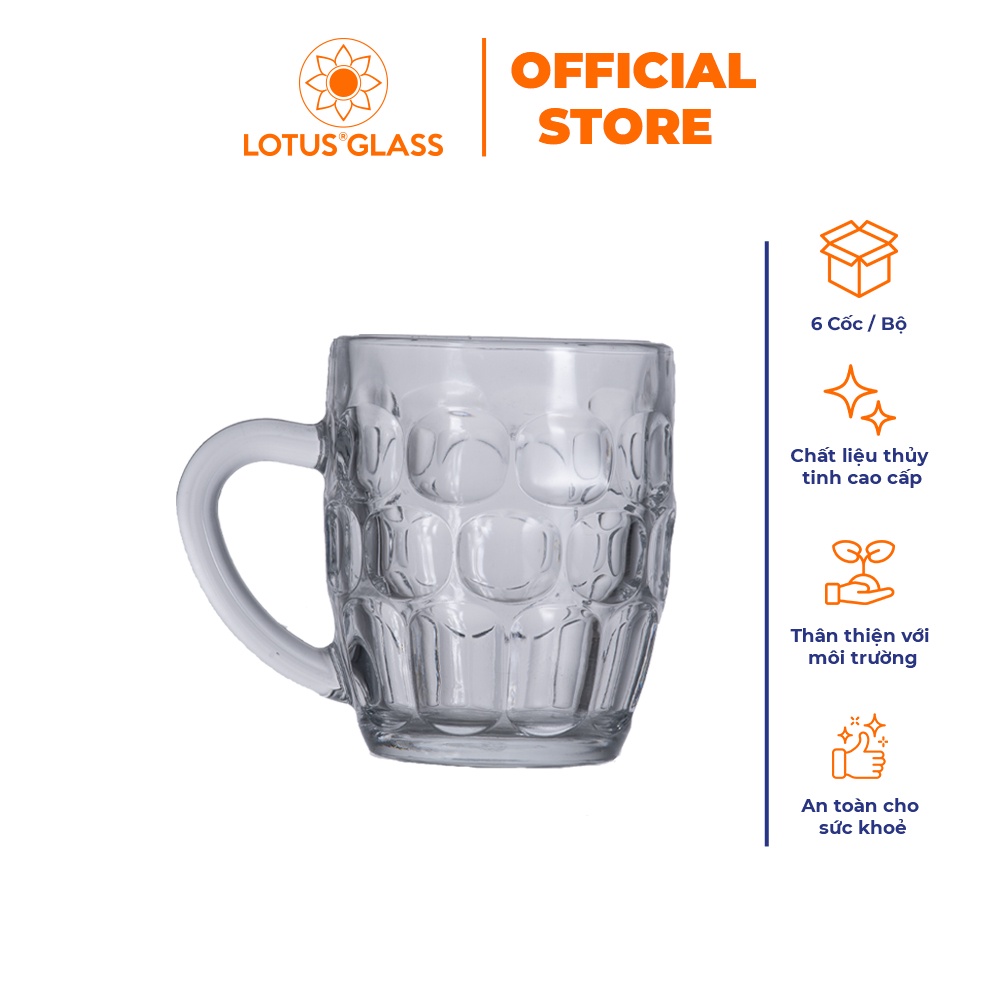 Bộ 6 cốc thủy tinh LOTUS GLASS VTC91 trong suốt có quai cao cấp, an toàn, dùng để uống bia, nước ngọt, sinh tố