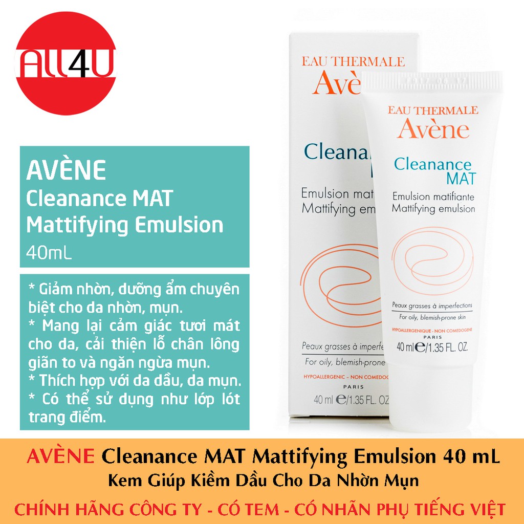 [CHÍNH HÃNG CÓ TEM] AVÈNE Cleanance MAT Mattifying Emulsion 40ml - Kem Giúp Kiềm Dầu Cho Da Nhờn Mụn.