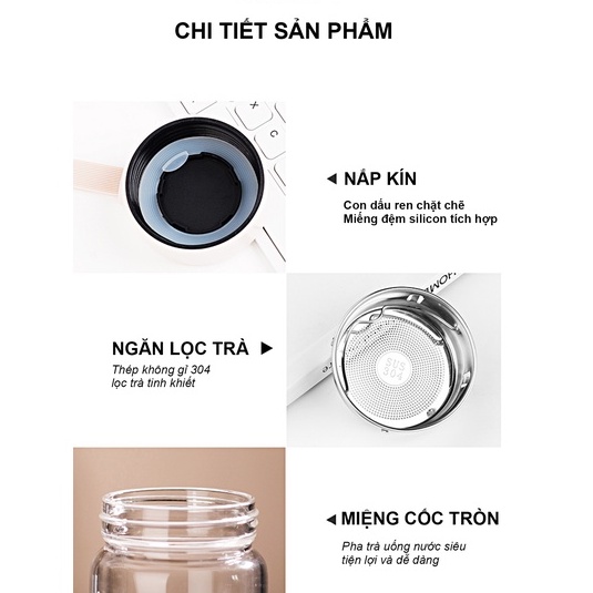 Bình Nước Thủy Tinh Cao Cấp Gulife GLC66 Bọc Da, Chịu Lực, Chịu Nhiệt, Có Dây Đeo Kèm Bộ Lọc Inox 304 Dung Tích 480ML
