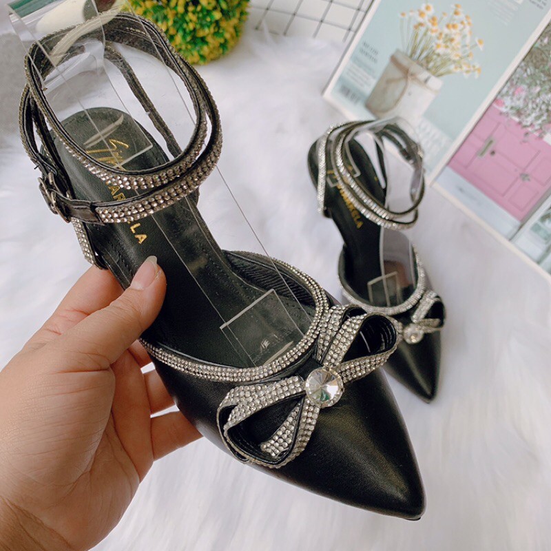 Bán sỉ Giày sandal cao gót Nơ đá bít mũi gót nhọn 2 vòng đá - ảnh chụp thât